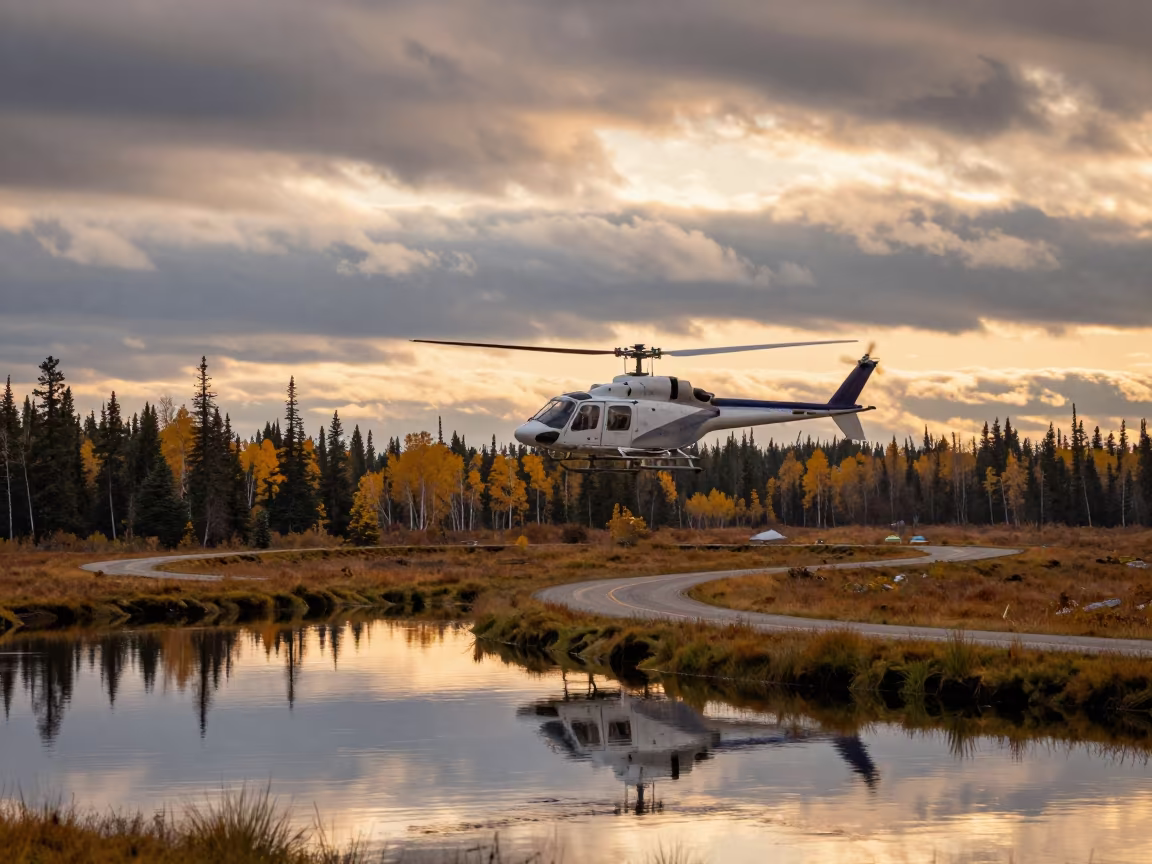 Helicopter Flies Over Yukon Marsh at Evening in along a switchback approach in Yukon
