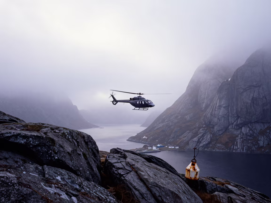 Helicopter Over Foggy Norwegian Harbor at Noon in beside a fogbound harbor mouth in Norway