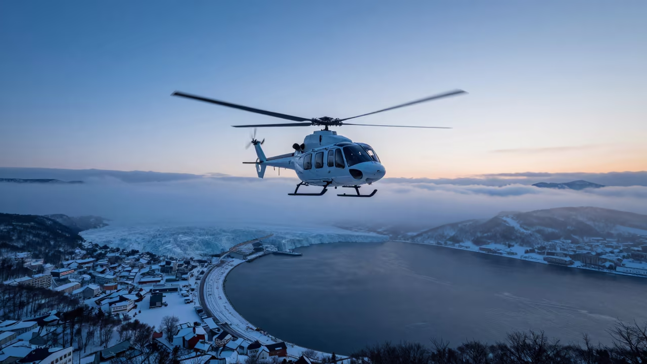 Helicopter Hovering Over Glacier at Sapporo Harbor in beside a fogbound harbor mouth near Sapporo