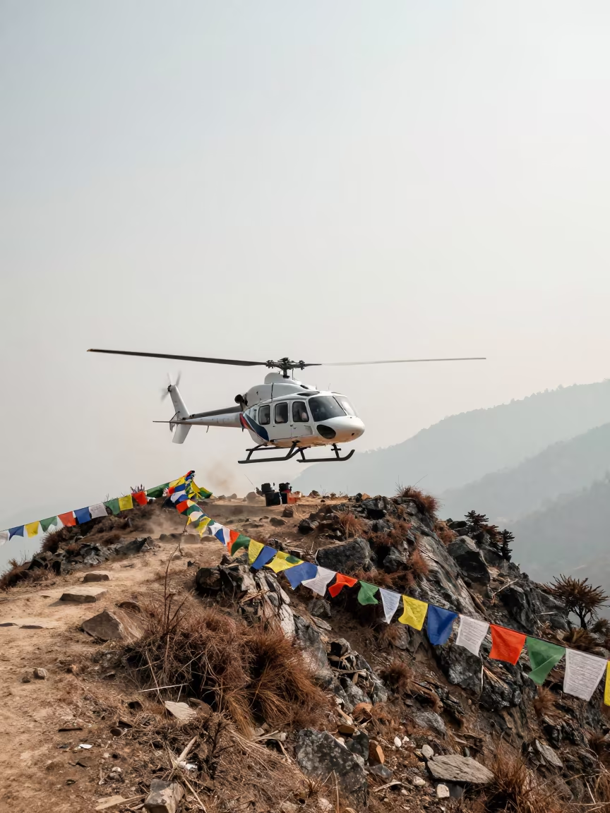 Helicopter Lifts from Kathmandu Mountain Ridge in on a wind-cut ridge below prayer flag lines near Kathmandu