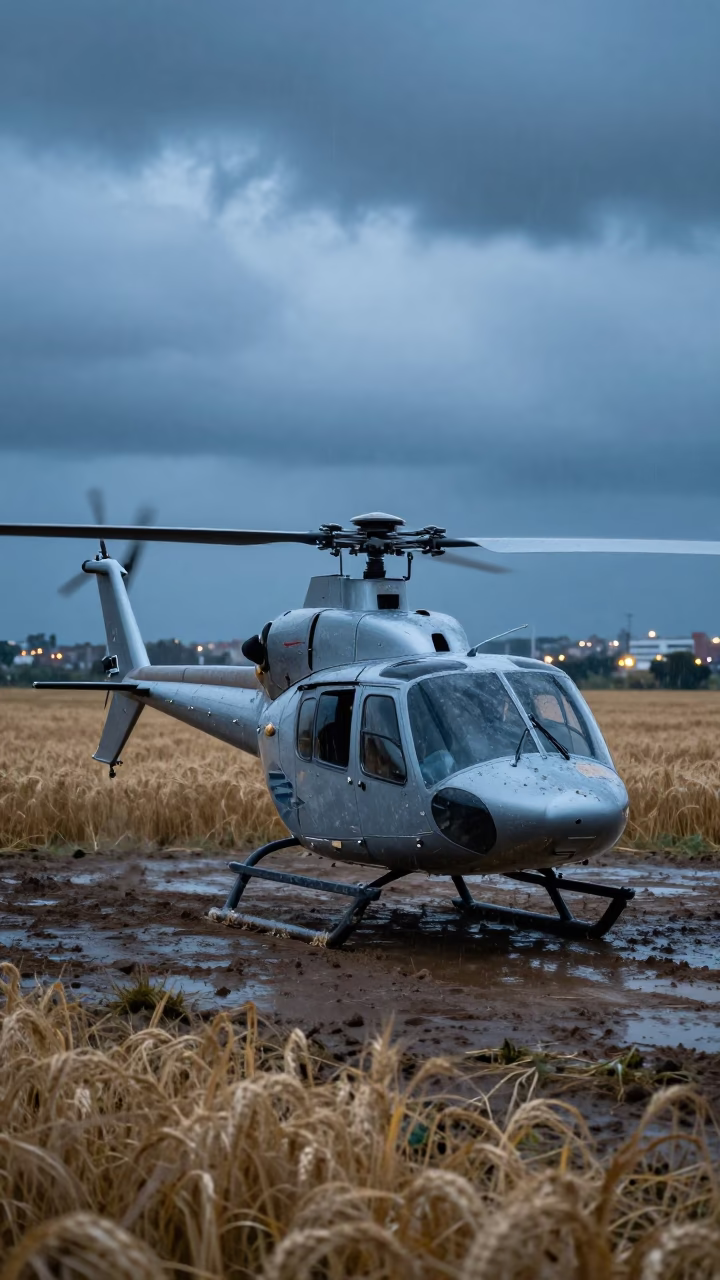 Helicopter in Mexican Wheat Fields Under Clouds in in Mexico
