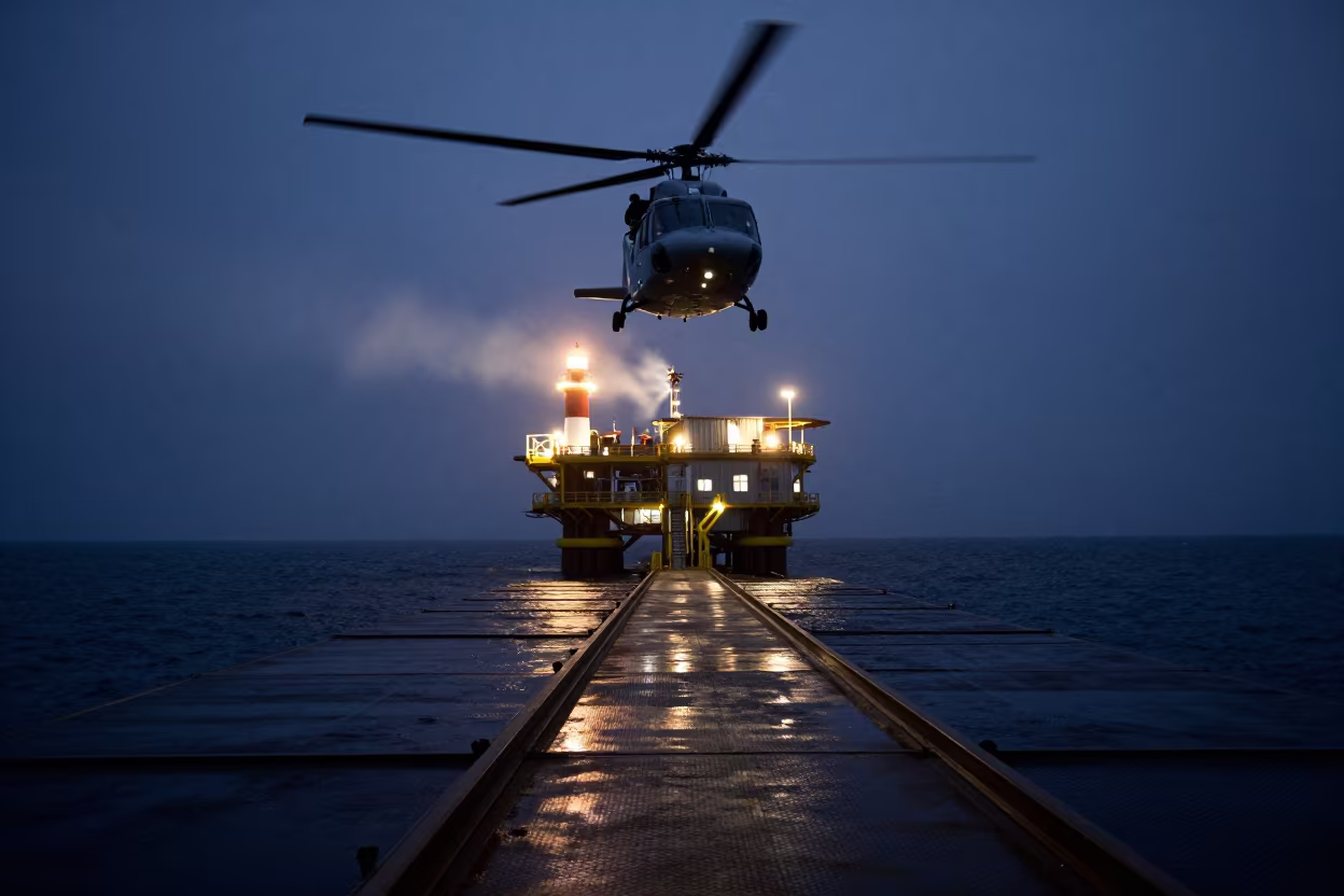 Helicopter Approaches Offshore Platform in Predawn Light in near Kanpur