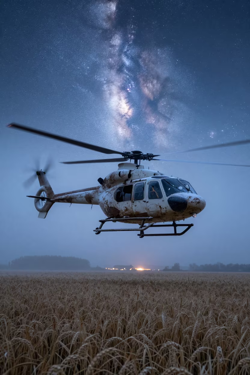 Helicopter Over Belgian Wheat Fields at Indigo Twilight in in Belgium