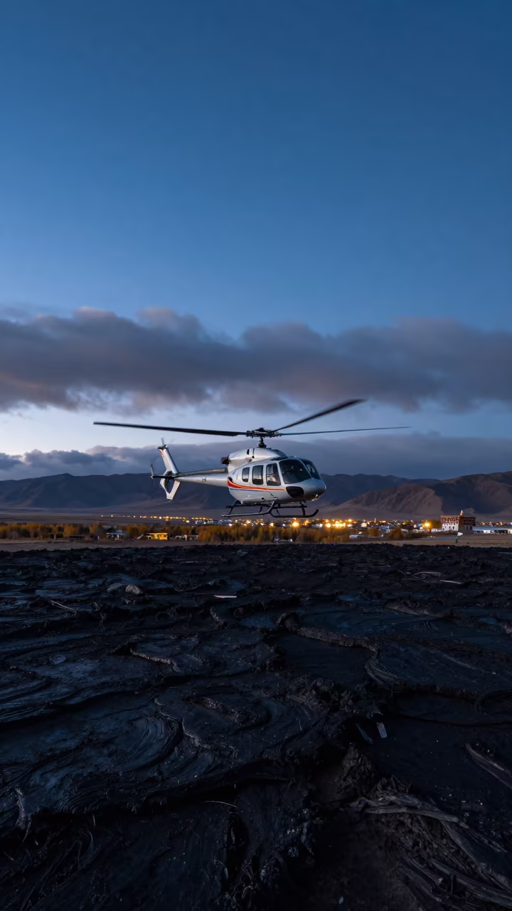 Helicopter Over Black Lava Field At Twilight in near Jokhang Square, Lhasa