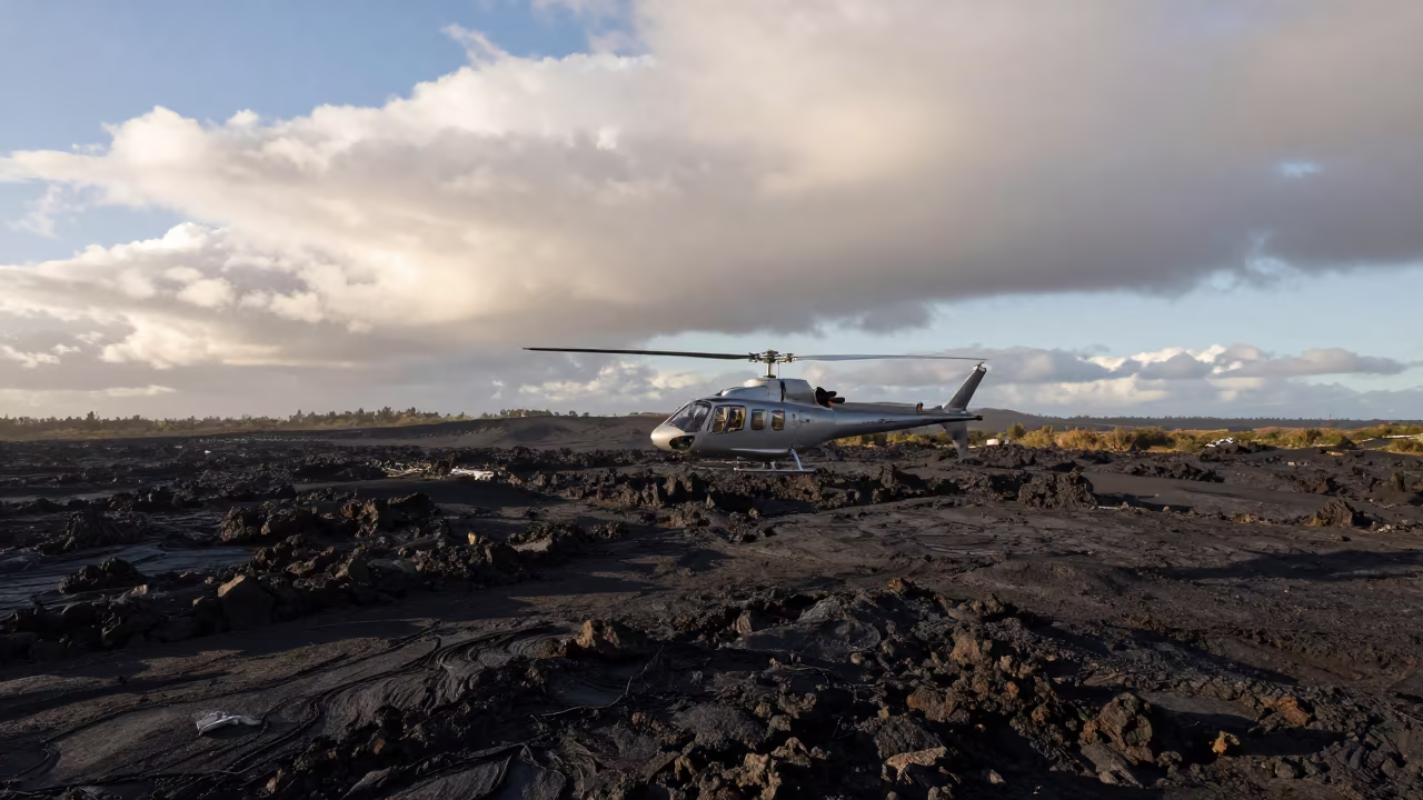 Helicopter Over Black Lava Field Near Quito in near La Ronda, Quito