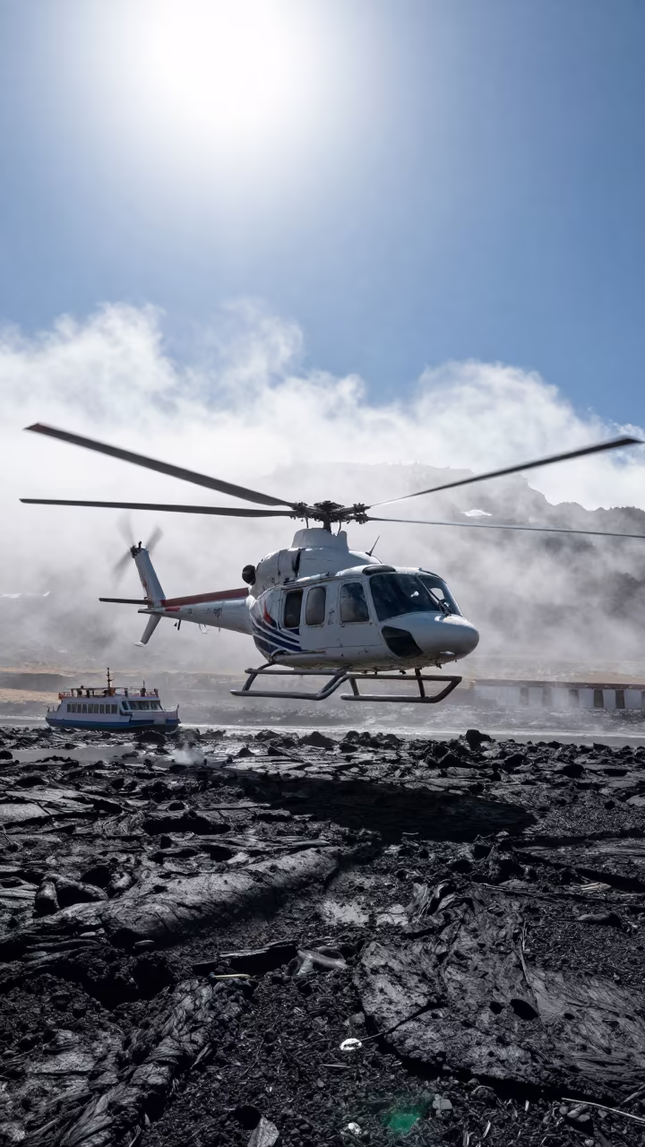 Helicopter Over Black Lava Near Potala in across a remote ferry crossing near Potala, Lhasa