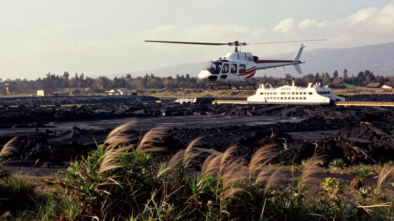 Helicopter over Black Lava at Quito Ferry in across a remote ferry crossing near Quito