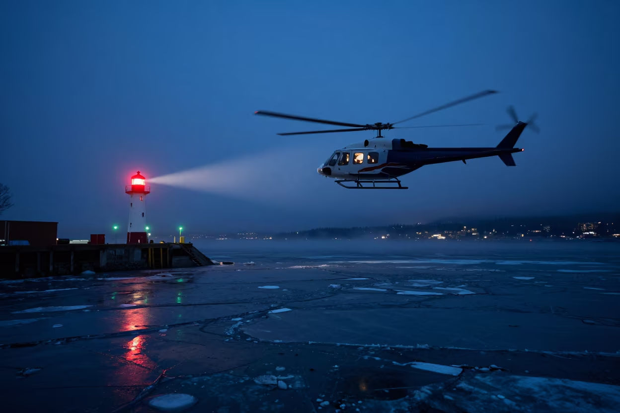 Helicopter Over Foggy Glacier at Night in beside a fogbound harbor mouth near Vancouver