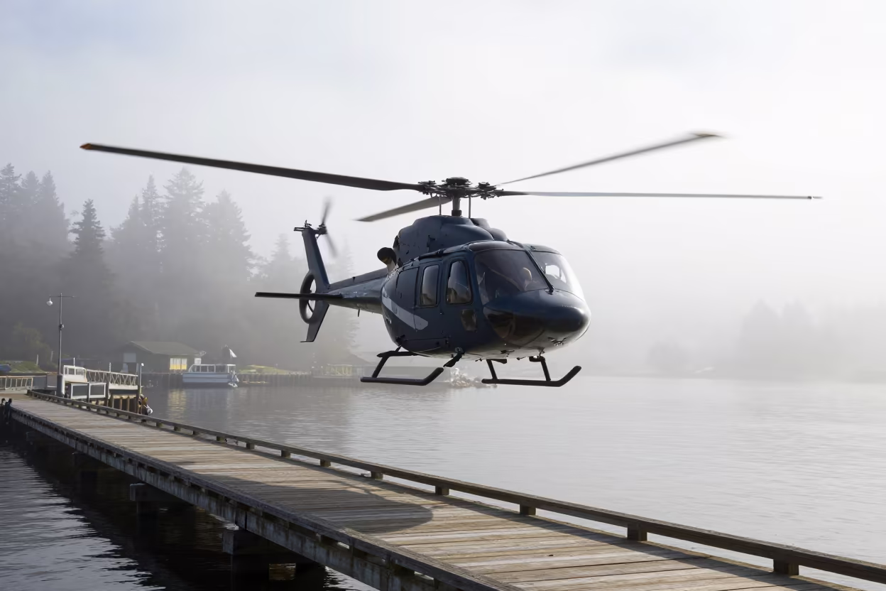 Helicopter Over Foggy Vancouver Harbor Causeway in beside a fogbound harbor mouth near Main Street, Vancouver