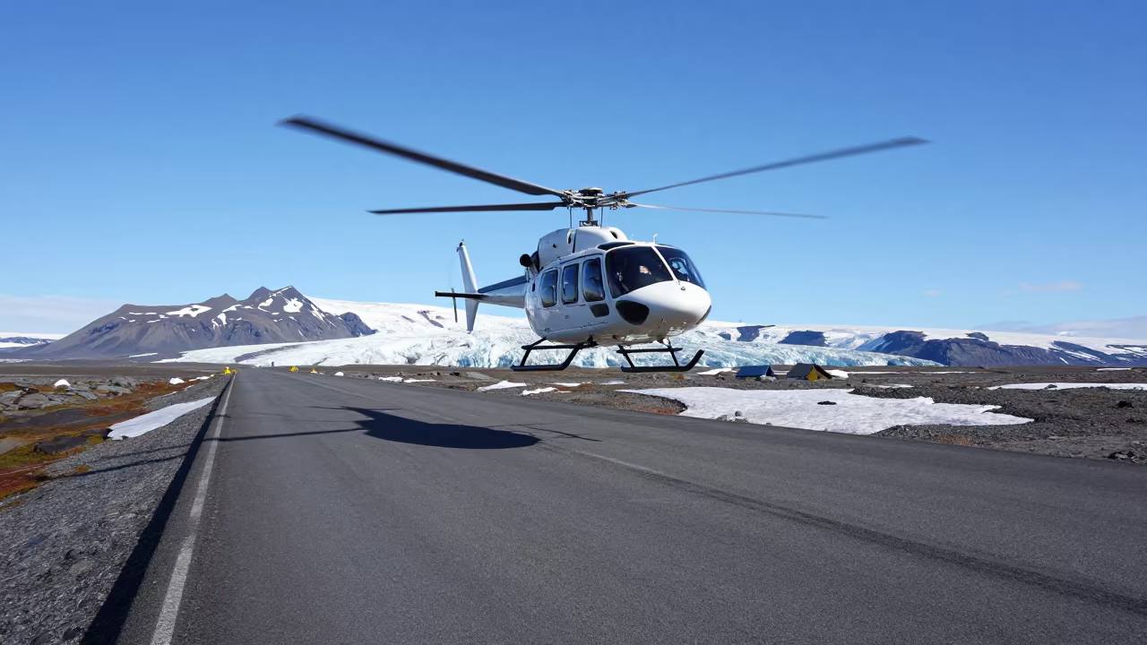 Helicopter Over Glacial Causeway in Summer in on a wind-open causeway near Skolavordustigur, Reykjavik