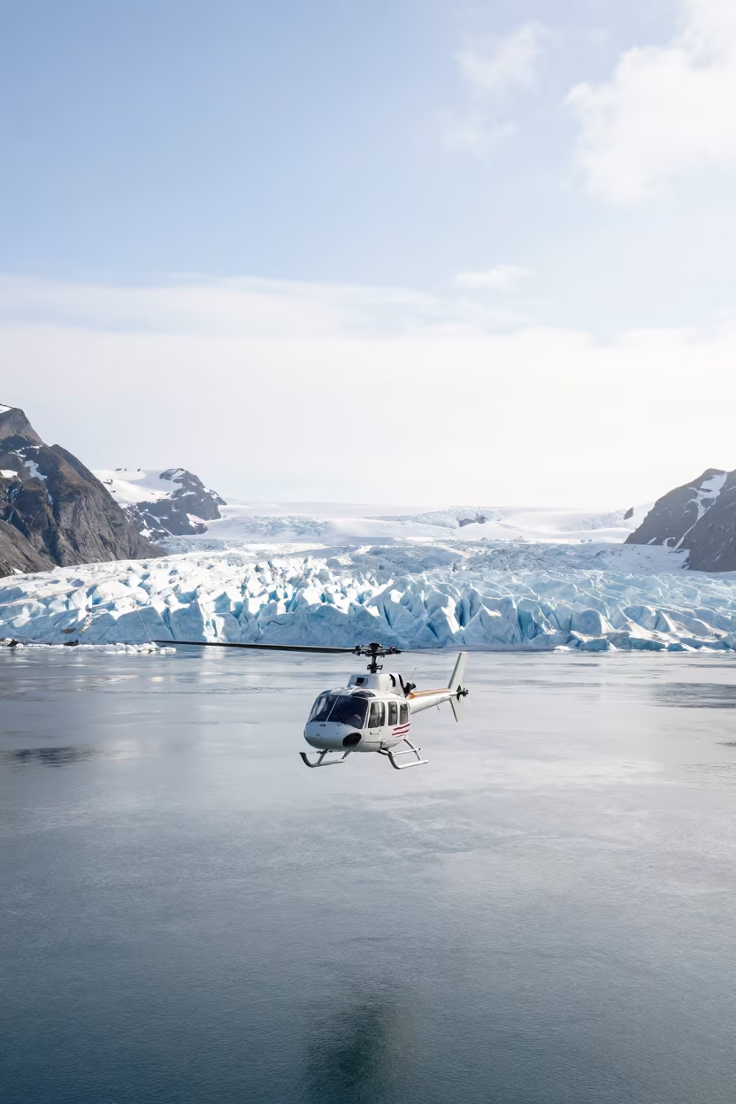 Helicopter Over Glacier Ferry Crossing Quebec in across a remote ferry crossing in Quebec