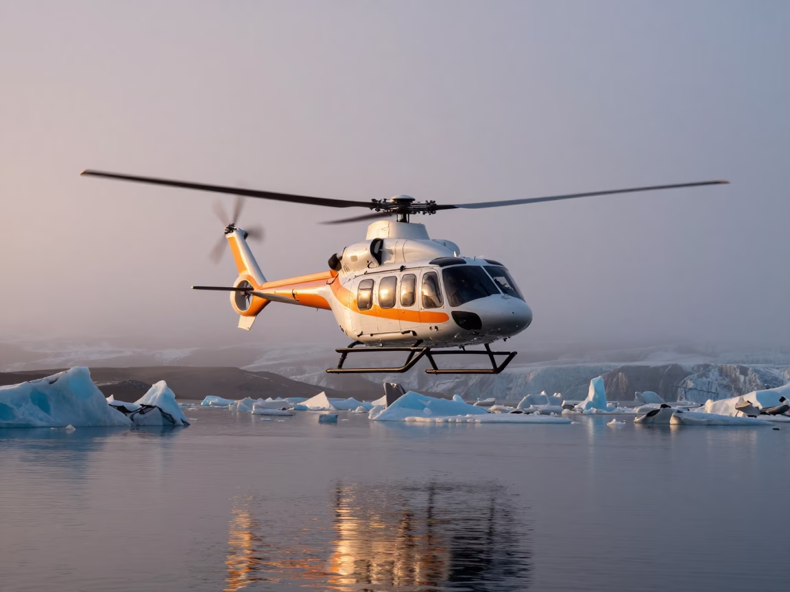 Helicopter Over Icelandic Glacier in Misty Twilight in in Iceland