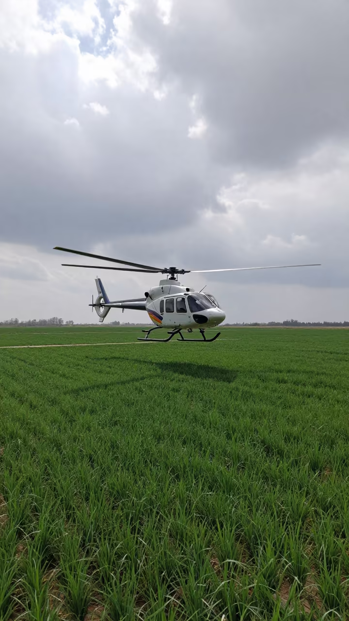 Helicopter Over Jiangsu Wheat Fields in along a switchback approach in Jiangsu
