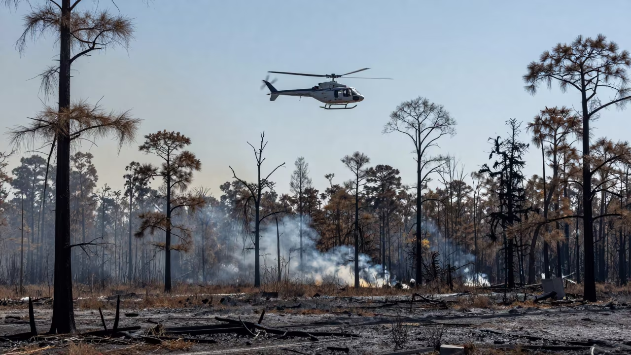 Helicopter Over Louisiana Winter Fire in in Louisiana