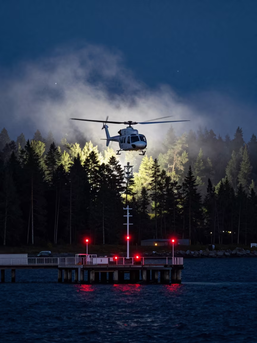 Helicopter Over Oslo Ferry Midnight Pine Mist in across a remote ferry crossing near Oslo