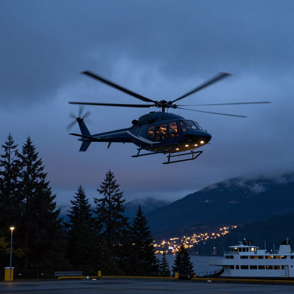 Helicopter Over Pine Forest Ferry Twilight BC in across a remote ferry crossing in British Columbia