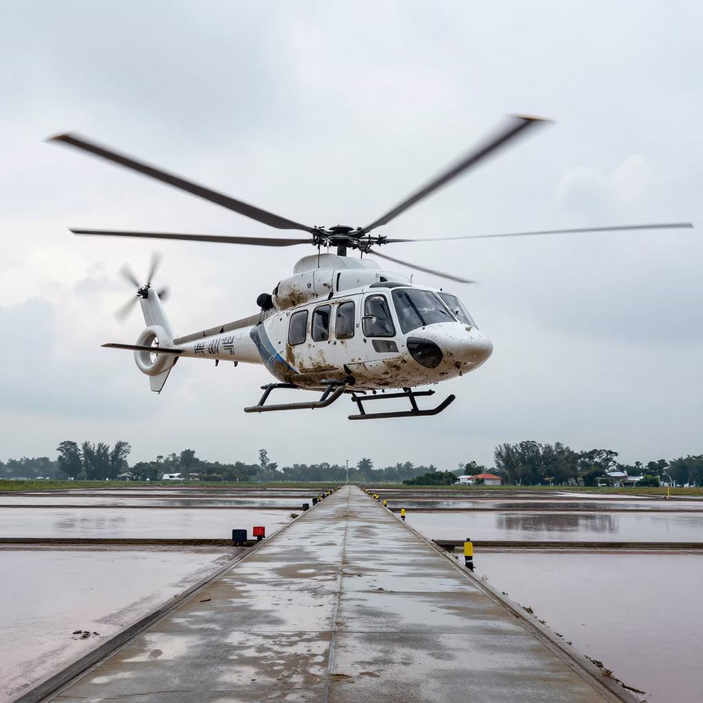 Helicopter Over Singapore Salt Flats Under Clouds in on a wind-open causeway in Singapore