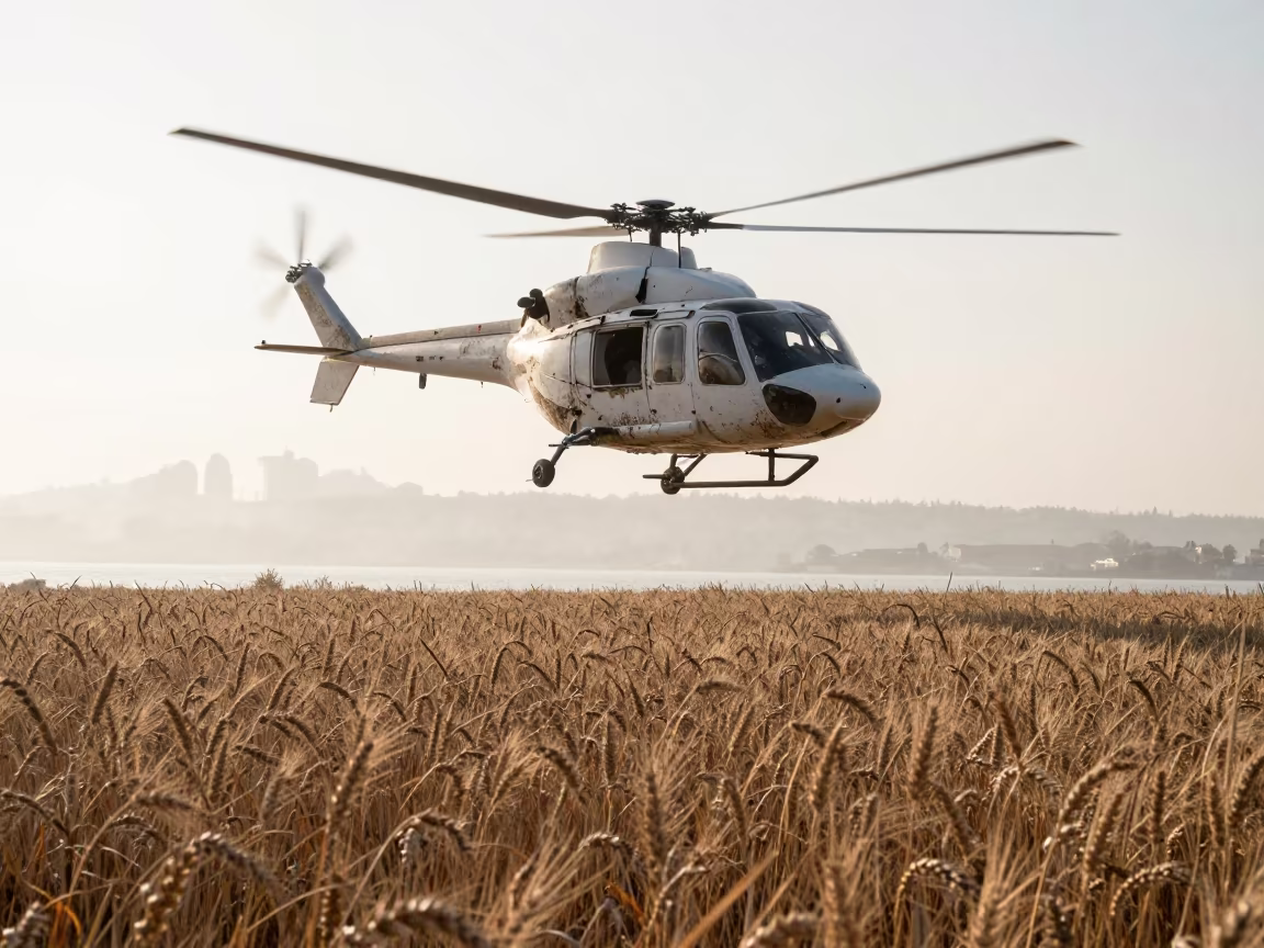 Helicopter Over Wheat Field Near Ortakoy Harbor in beside a fogbound harbor mouth near Ortakoy, Istanbul