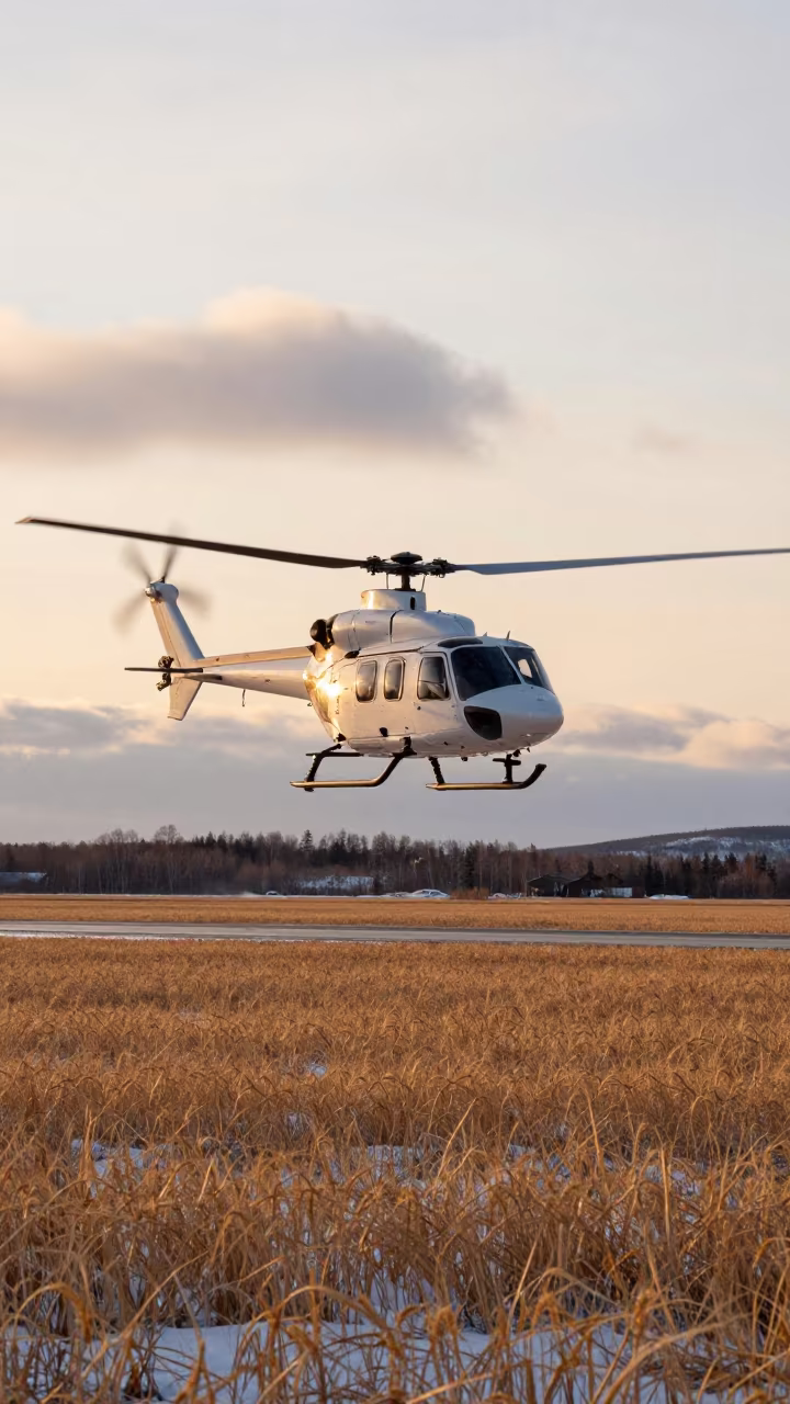 Helicopter Over Winter Wheat Fields Murmansk in on a wind-open causeway near Murmansk