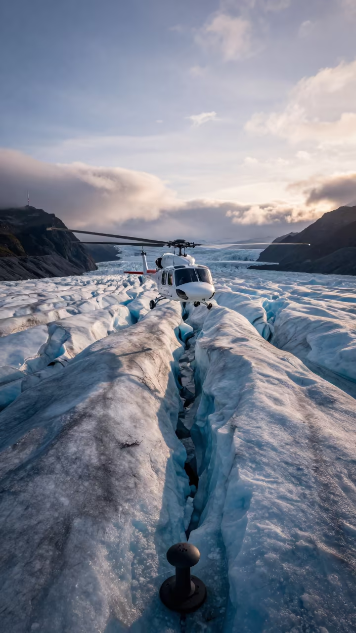 Helicopter Over Yukon Glacier Midnight Sun in across a remote overland crossing in Yukon