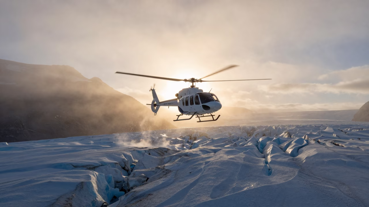 Helicopter Over Yukon Glacier Sunset Mist in across a remote ferry crossing in Yukon