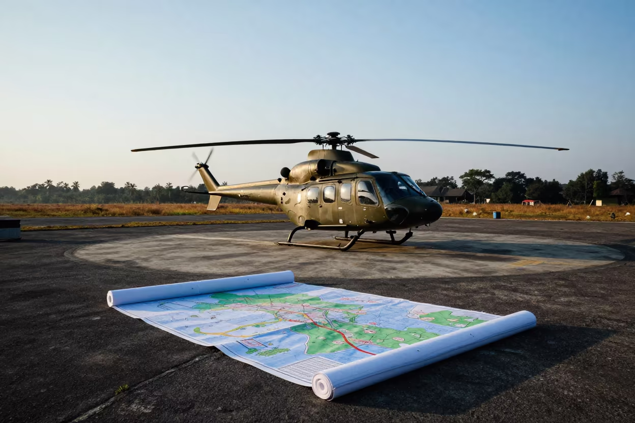 Helicopter Pad and Maps at Dawn in Mizoram in beside a convoy halt on open ground in Mizoram