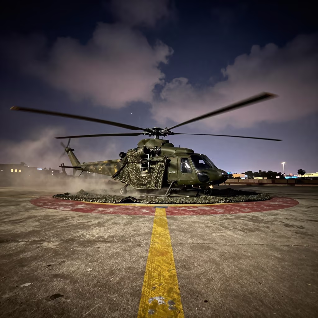 Helicopter Pad Under Camo Net in Cairo at Midnight in beneath a camouflage net shelter in Zamalek, Cairo