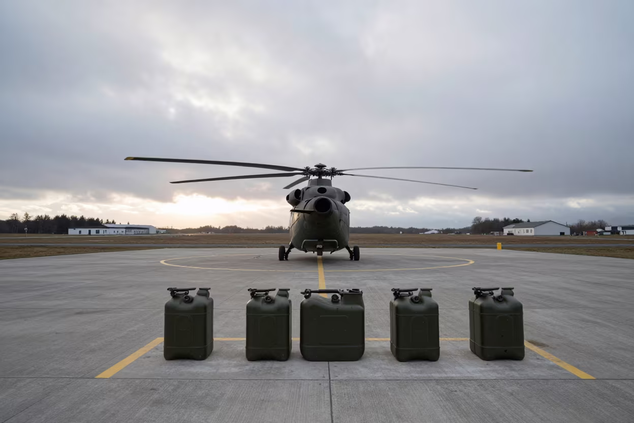 Helicopter Pad Fuel Cans Basque Dawn in along an airbase flight line in the Basque Country