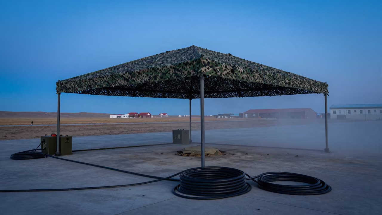 Helicopter Pad in Mongolian Twilight Dust in beneath a camouflage net shelter in Mongolia
