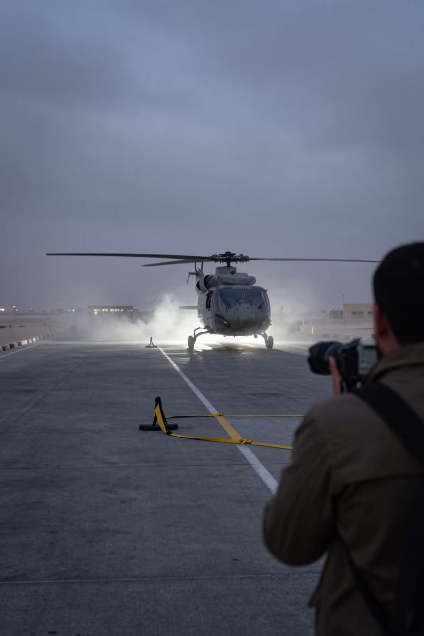 Helicopter Pad in Predawn Dust Abu Dhabi in at a checkpoint lane in Abu Dhabi
