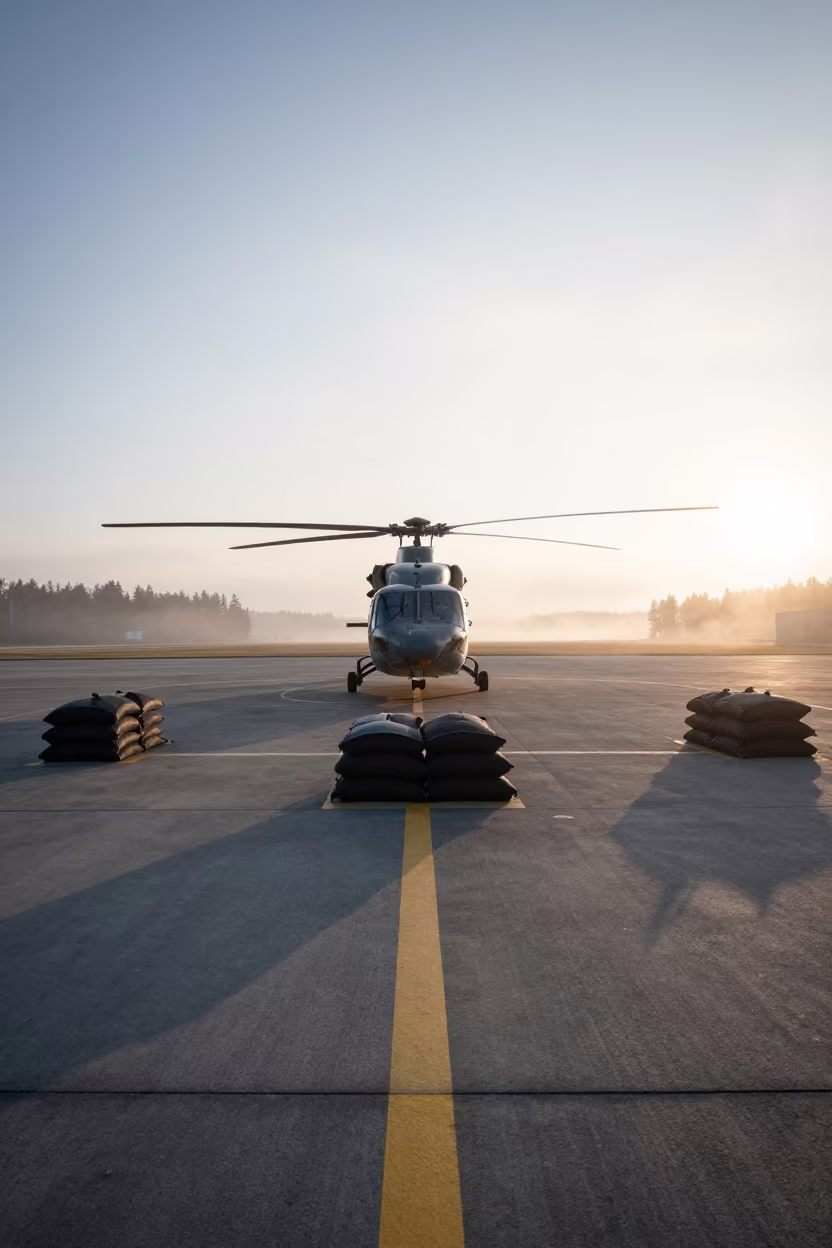 Helicopter Pad Sandbags Dawn Light Sweden in along an airbase flight line in Sweden