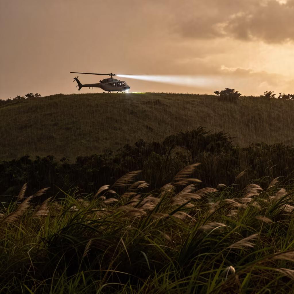 Helicopter Searchlight Sweeps Rainy Brazilian Causeway in on a wind-open causeway in Brazil