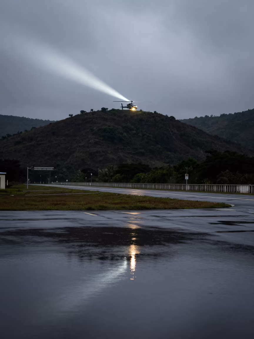 Helicopter Searchlight Sweeps Monsoon Causeway in on a wind-open causeway near Santo Domingo