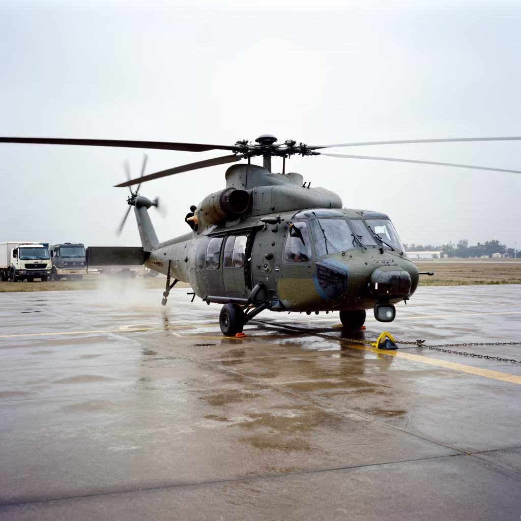 Helicopter Service Pad Under Overcast Noon in beside a convoy halt on open ground in Syria