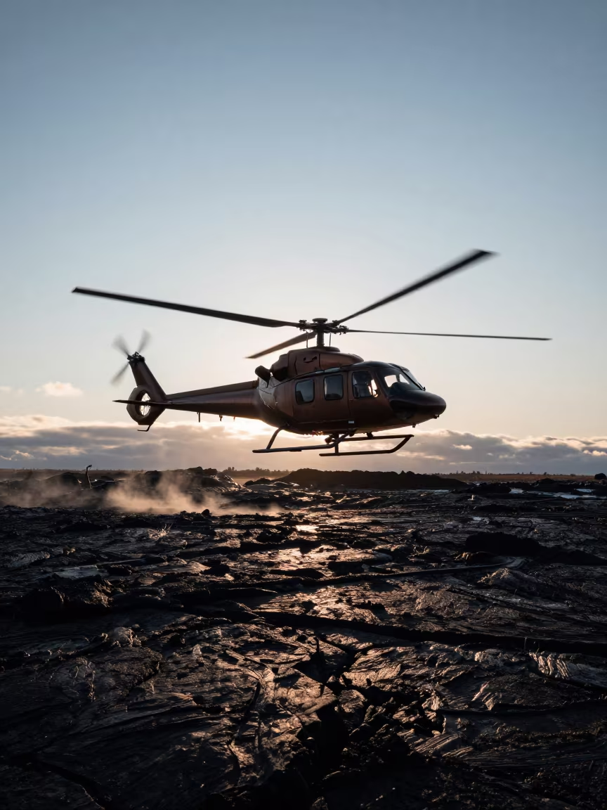 Helicopter Silhouette Over Black Lava Field in in Canada
