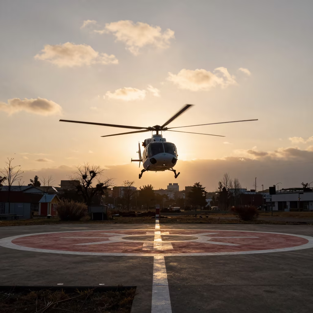 Helicopter Silhouette Over Santiago Rescue Pad in beside a marked medical landing pad in Mercado Central, Santiago