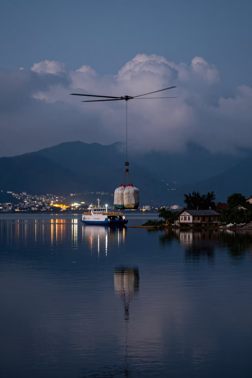 Helicopter Sling Load Ferry Twilight Yunnan in across a remote ferry crossing in Yunnan