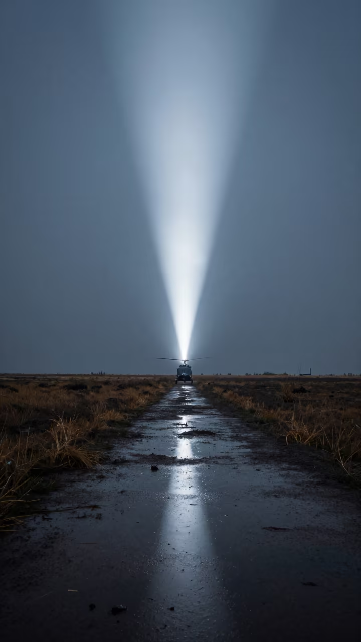 Helicopter Spotlight Trail Over Rainy Field Near Almaty in near Almaty