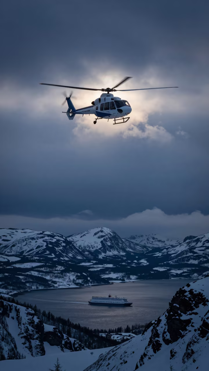 Helicopter Over Swedish Ferry Midnight Rim Light in across a remote ferry crossing in Sweden