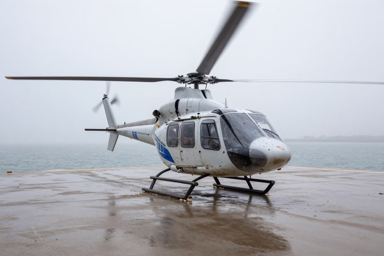 Helicopter on Winter Causeway Near Harbor in beside a fogbound harbor mouth near Ismailia