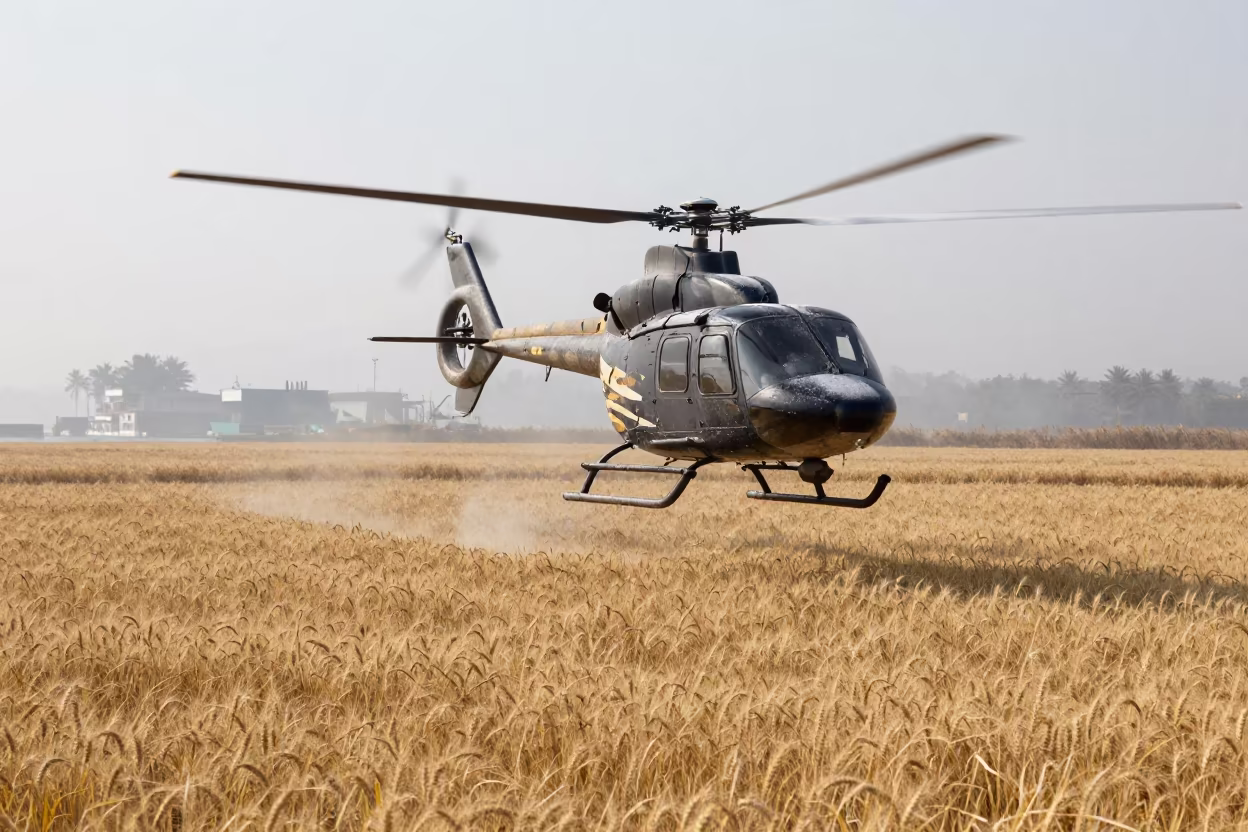 Helicopter Over Winter Wheat Fields Near Harbor in beside a fogbound harbor mouth in Nagaland