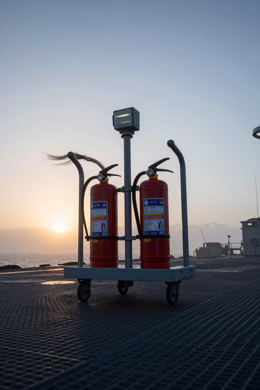 Helipad Foam Cart Under Sunset Fog in on a naval deck in rough wind in Bolivia