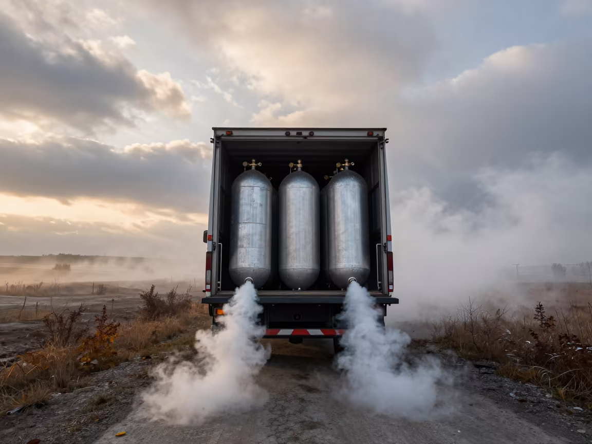 Helium Cylinders Fall Downward at Dawn in near a weather balloon launch site near Jizzakh