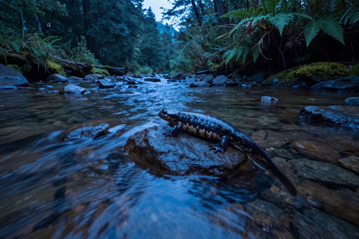 Hellbender Salamander in Appalachian Stream Twilight in along a game trail in Oman