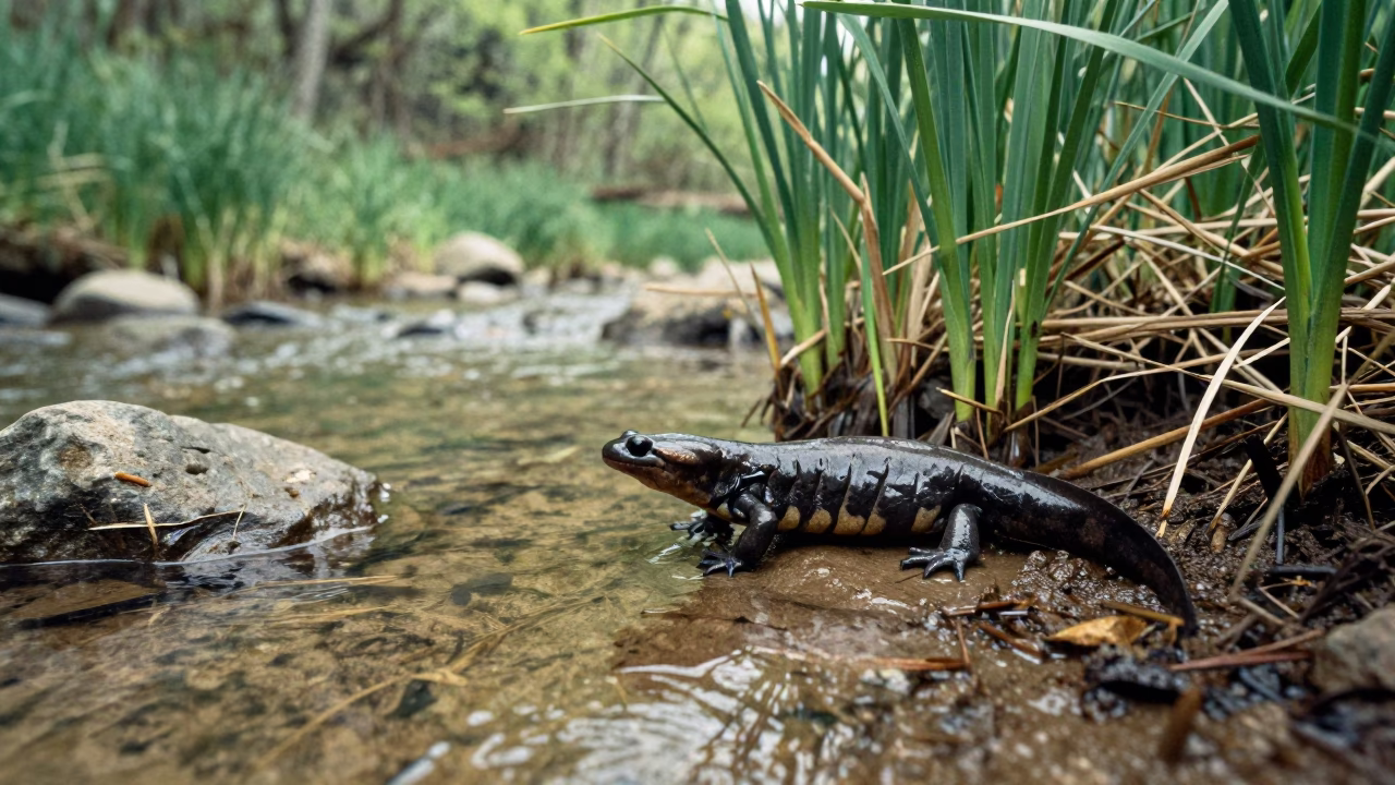 Hellbender Salamander in Haryana Reed Bed in at the edge of a reed bed in Haryana