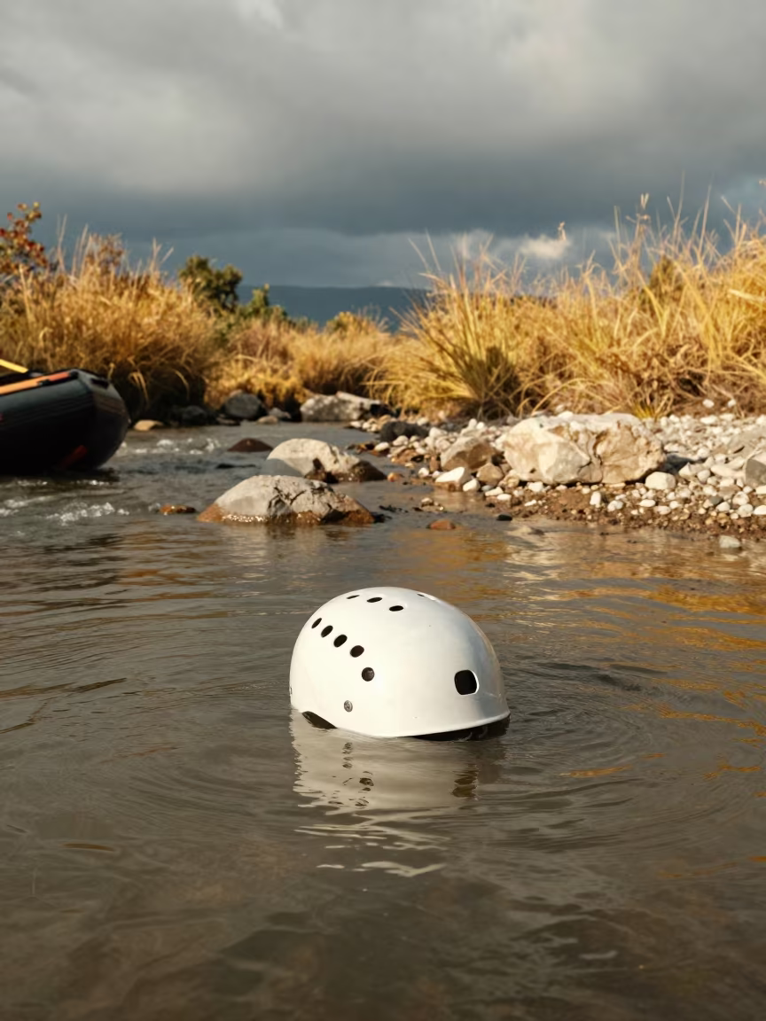 Helmet Floating in Eddy Water by Alanya Riverbank in by a riverbank near Alanya