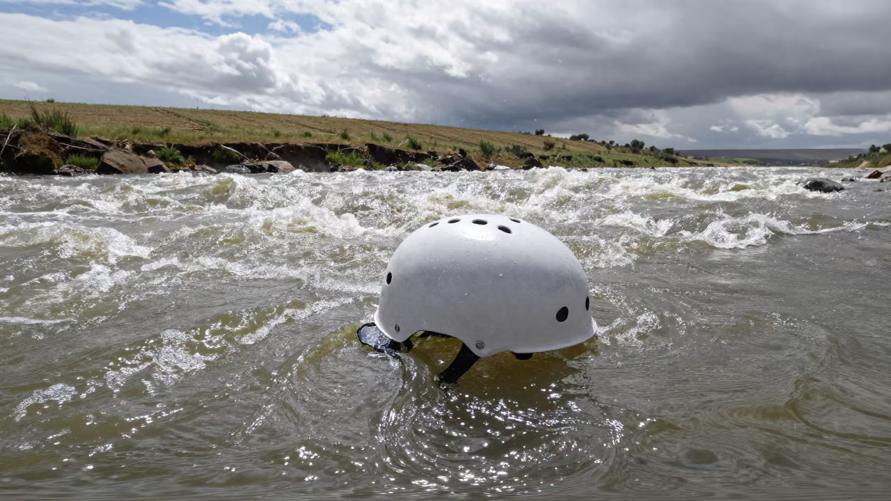 Helmet Floating in Eddy Water Beside Raft in near open fields near Arequipa