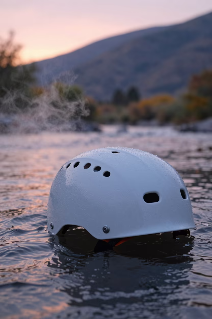 Helmet Floating in Eddy Water at Dawn in on a mountain path near Cordoba