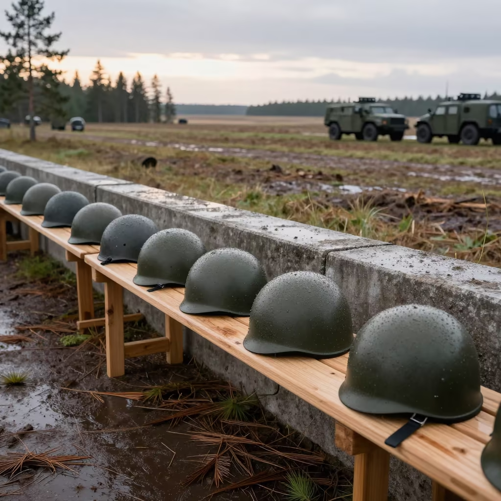 Helmet Shelf at Finnish Convoy Halt Before Formation in beside a convoy halt on open ground in Finland