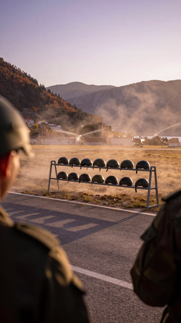 Helmet Shelf at Montenegro Checkpoint Sunset in at a checkpoint lane in Montenegro